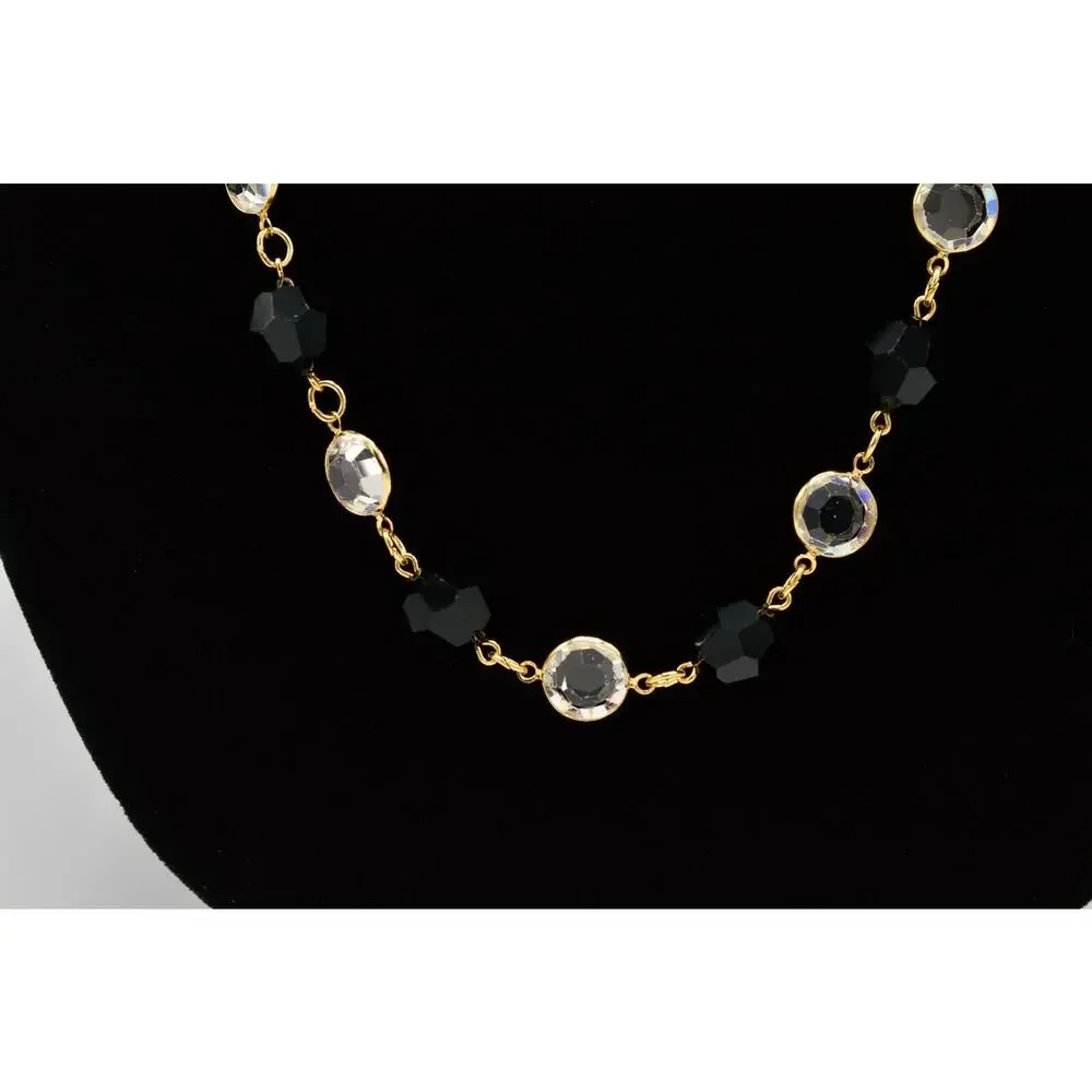 Austrian Crystal USA Vintage Necklace Open Bezel Clear Black Gold Signed 80s 9J
